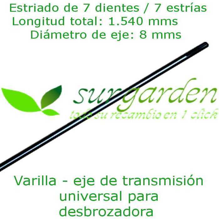 Eje - varilla de transmisión 7 estrías / Ø 8 mms / 154 cms de longitud para desbrozadora