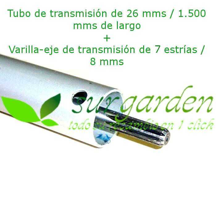 Conjunto tubo de Ø26 mms + eje - varilla de transmisión 7 estrías / 150 cms de longitud para desbrozadora